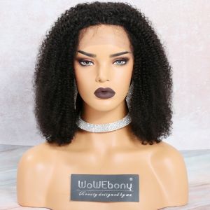 WowEbony Lace Front Wigs Indian Remy Hair, Kinky Coily Bob Cut Lace Front Wig, 150% Density, 14 Inches [LFW102]