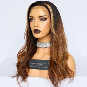 WoWEbony Virgin Human Hair Patch Highlight Ombre Brown/Camel Color Hair Wavy Lace Front Wig [Sean]