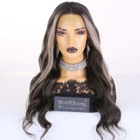 WoWEbony Luxury Brazilian Virgin Human Hair Balayage Dark Gray/White Blonde Chunk Stripe Highlight Salt and Pepper Color Wavy Texture Full Lace Wig