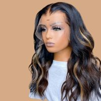  WoWEbony Indian Remy Real Human Hair Black with Blonde Highlight Color Loose Wavy Blunt Cut Bob Lace Frontal Wigs [WOW34]