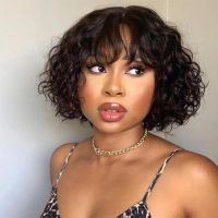 Ready To Ship WoWEbony Indian Remy Hair Full Bangs/ Fringe Short Wavy Hair Bob Style Glueless  Silk Top Circle Or Machine Made Wig [STNLW13]